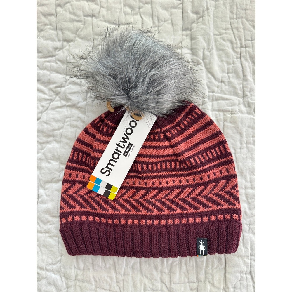 Smartwool Chair Lift Beanie Women OS Black Cherry Heather New Merino Wool Pom
